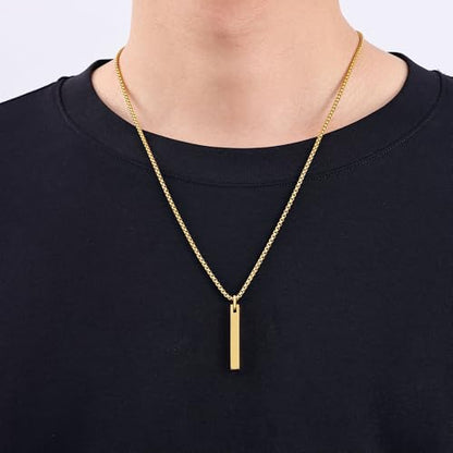 Fiusem Pendant Necklace for Men, Stainless Steel Bar Chain | Silver Tone/14k Gold Plated/Black Mens Pendant Necklaces with 2.5mm Box Chain, Jewelry Gifts 18-28 Inch - color: gold, size: 18 Inches, style: Clasp Rectangle