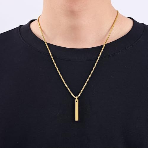 Fiusem Pendant Necklace for Men, Stainless Steel Bar Chain | Silver Tone/14k Gold Plated/Black Mens Pendant Necklaces with 2.5mm Box Chain, Jewelry Gifts 18-28 Inch - color: gold, size: 22 Inches, style: Clasp Rectangle