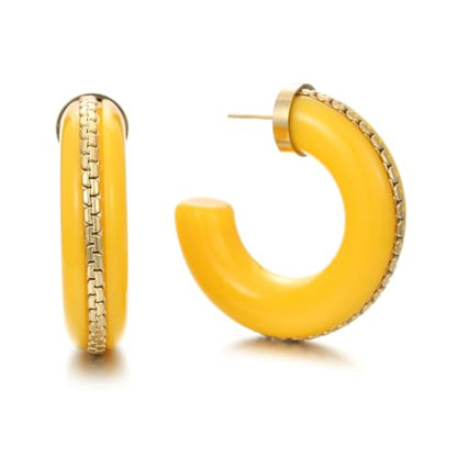 Gold Plated Resin Chunky Hoop Earrings Hypoallergenic Push Back Hoops for Sensitive Ears - color: Lemon Yellow