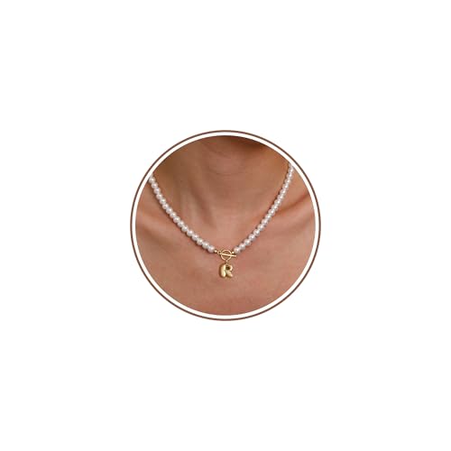 Pearl Necklaces for Women Bubble A-Z Initial Necklace Gold Dainty Pearl Choker Necklace Anniversary Birthday Graduation Gifts for Her Teen Stocking Stufffers Christmas Jewelry - color: R