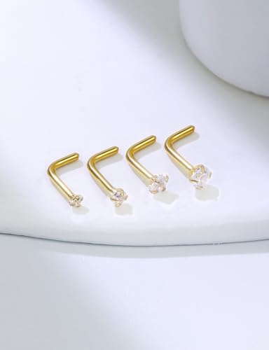 18G 20G 14K Gold Filled Nose Rings Studs Piercing Jewelry For Women Men 316L Surgical Steel Round Square Cubic Zirconia Nose Rings Studs Nostrial Piercing Jewelry CZ 1.5mm 2mm 2.5mm 3mm - color: 14K Gold Plated, size: 20 Gauge-L Shaped-Round CZ