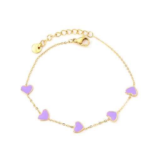 Cute Heart Charm Link Chain Bracelet for Women Dainty Stainless Steel Gold Plated Colorful Enamel Love Heart Adjustable Bracelets Fashion Jewelry for Bff Daughter Her - color: Purple