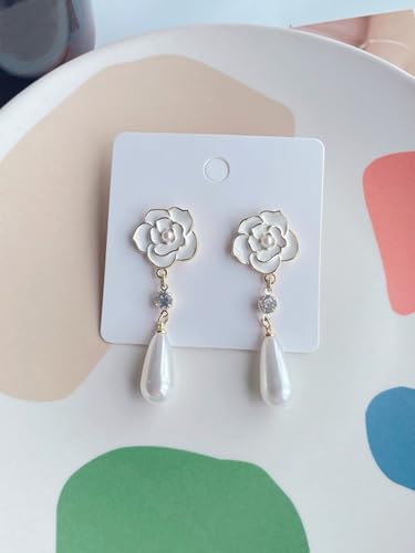 Gold Flower Dangle Earrings for Women Elegant Floral Drop Statement Jewelry Long Tassel Earrings - color: C-silver pearl Flower Earrings