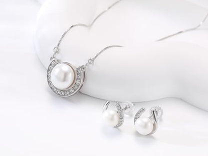 YAMI Pearl Jewelry Set for Women, Natural Cultured Pearl Necklace&Earrings | 11-12mm Pearl, 925 Sterling Silver with 5A Cubic Zirconia, Wedding Jewelry Sets, Valentine's Day/Mother's Day/Christmas Gift - color: White