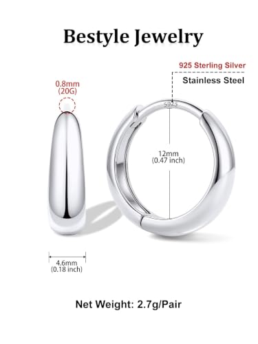 Bestyle Gold Huggies Earrings for Women Hypoallergenic 925 Sterling Silver Post Huggie Hoop Earrings Thick Lightweight Small Hoop Earrings 8/10/12/14mm - color: Silver, size: 12mm