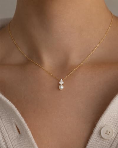 Pearl Necklace for Women- 14K Gold-plated/White Gold-plated Dainty Pearl Necklace for Women - color: Gold CZ pearl 371