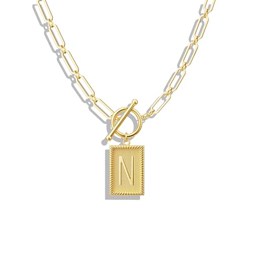 Tewiky Gold Initial Necklaces for Women, Square Letter Pendant Necklace | Toggle Clasp，Trendy 14K Gold Plated Dainty Paperclip Chain Necklaces for Women，Jewelry Gifts - style: Gold N
