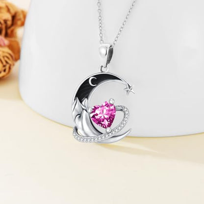 I Love You to the Moon and Back Necklace 925 Sterling Silver Black Crescent Moon Star Pendant with Heart Birthstone Necklace Anniversary Gothic Jewelry Gifts for Women Wife Lovers - color: 10-Oct-Pink