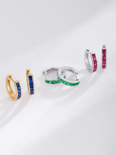 Chunky Emerald Sapphire Ruby Hoop Earrings, Princess or Round Cut, 14k Yellow Gold Plated Sterling Silver Cubic Zirconia Huggie Earings Minimalist Hoops Earrings for Women Wedding Daily Birthday - style: Princess cut -Sapphire -Silver