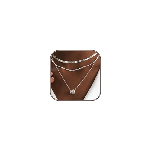 Airmb Gold Layered Necklaces for Women 14k Gold Plated Dainty Stackable Choker Necklaces for Women Trendy Layering Chain Cute Pendant Necklace Set Gold Jewelry for Women - color: 3PS-Two Rondelle-Silver