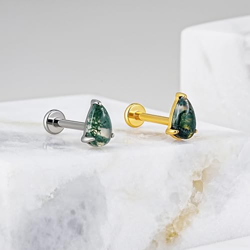1PC ASTM F136 Titanium Piercing Jewelry for Tragus Conch Helix Flat Labret 18G 6mm 8mm, Cartilage Earring Flatback Stud - color: Moss Agate Drop - Tit