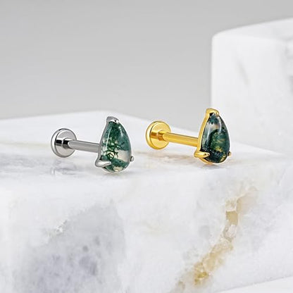 1PC ASTM F136 Titanium Piercing Jewelry for Tragus Conch Helix Flat Labret 18G 6mm 8mm, Cartilage Earring Flatback Stud - color: Moss Agate Drop - Tit