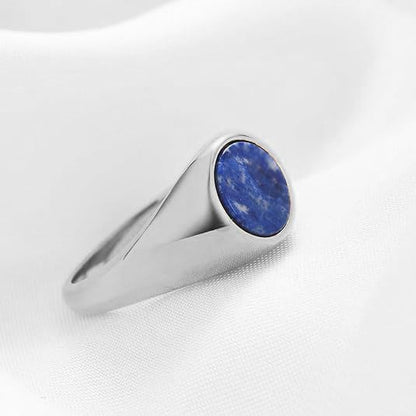 MYNENEY Stainless Steel Round Shape Classical Simple Plain Wedding Engagement Statement Pinky Band Signet Rings for Men Women Size 4-15 - color: Lapis lazuli-Silver