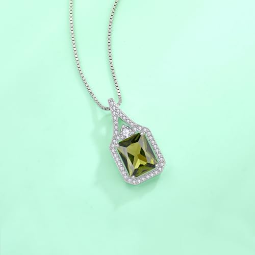 Created Gemstone Necklace 925 Sterling Silver Halo Rectangular Pendant Birthstone Necklaces Jewelry Gifts for Women - color: 08 August - Peridot