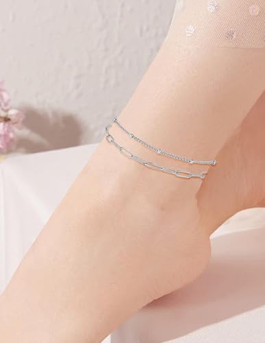 6PCS Ankle Bracelets for Women18K Gold Plated Stainless Steel Waterproof Layered Herringbone Figaro Bead Paperclip Rope Tennis Box Cuban Link Rolo Satellite Chain Anklets Set Gold Tone - style: D:Silver2