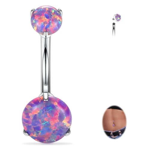 FUNLMO 14G Belly Button Ring Titanium Belly Button Piercing Belly Ring Internally Threaded Navel Piercing Jewelry - color: Silver-Purple Opal