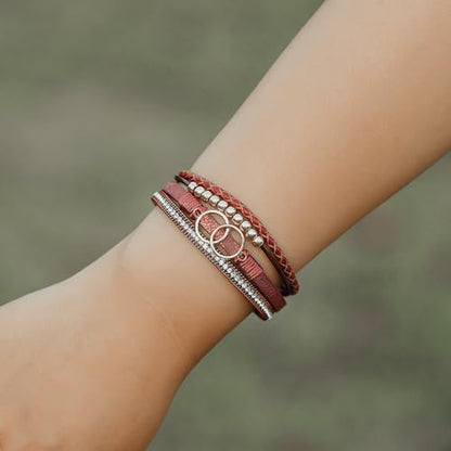 Chunky Boho Leather Wrap Bracelets Cowgirl Beaded Circle Western Jewelry | Stackable Infinity Layered Bohemian Magnetic Clasp Cuff Statement Fashion Colorful Country Hippie Outfits for Women Trendy - color: Burgundy