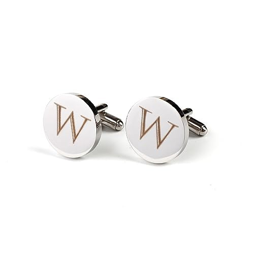 Mens Initial Silver Cufflinks A-Z Alphabet Letter Steel Cuff Links with Engraved Walnut Wood Box Groom Groomsman Wedding Set… - style: W