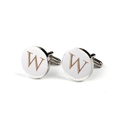 Mens Initial Silver Cufflinks A-Z Alphabet Letter Steel Cuff Links with Engraved Walnut Wood Box Groom Groomsman Wedding Set… - style: W