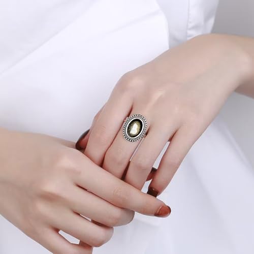 Natural Oval Stone Boho Ring,Retro Antique S925 Sterling Silver Crystal Quartz Gemstone Bohemian Statement Handmade Ring Jewelry for Women Her - color: B11_Black Obsidian