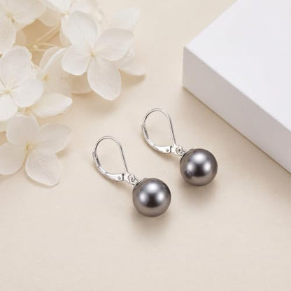 Pearl Leverback Earrings for Women Dangle Round Gemstone Earrings Birthstone Jewelry Gift Anniversary for Her - color: 15 Grey Pearl