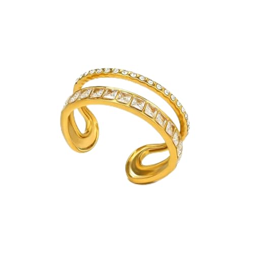 18K Gold Plated Adjustable Rings for Women, 316L Stainless Steel Open Band Gold Jewelry Collection, Hypoallergenic Size 6-9 Adjustable Stackable Rings, Tarnish Free Trendy Gift for Her - color: Double Baguette