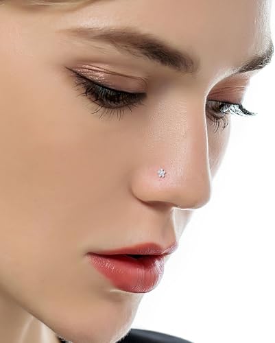 12Pcs Nose Rings Studs 20G Stainless Steel L Screw Bone Shaped Nostril Piercing Triangle Flower Square Heart Pentagram Round CZ Nose Stud Piercing Jewelry for Women Men Silver Tone - style: simple