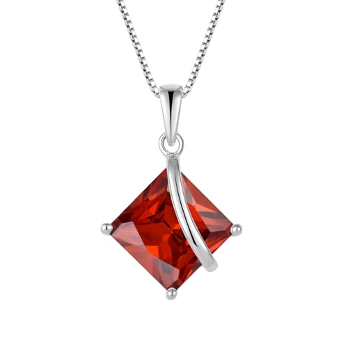 Square Princess Cut Necklace 925 Sterling Silver Solitaire Pendant Necklace Birthstone Jewelry Gifts for Women - color: 01 January - Garnet