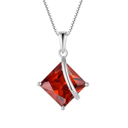Square Princess Cut Necklace 925 Sterling Silver Solitaire Pendant Necklace Birthstone Jewelry Gifts for Women - color: 01 January - Garnet
