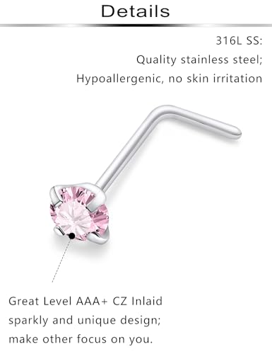 Hypoallergenic Nose Rings Studs 18G & 20G Surgical Steel Nose Studs L Shaped Nostril Piercing Jewelry with Pink Cubic Zirconia for Women & Men - color: 20g,L-shape,pink crystal
