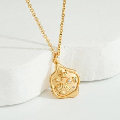 MTMY Gold Starfish Necklace 14K Gold Plated Shell Conch Ocean Pendant Necklace for Women Beach Summer Jewelry - style: shell starfish