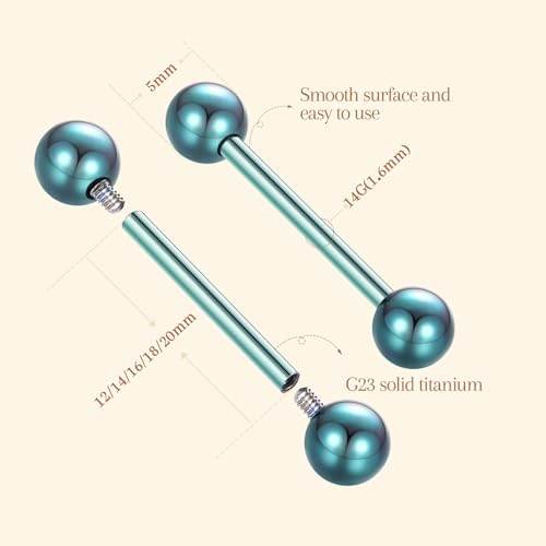 AROWRO Nipple Piercing Jewelry G23 Titanium Nipple Rings Tongue Rings Nipple Bar 14G Internally Threaded Straight Barbells Bridge Piercing Jewelry 12mm-20mm - color: Green