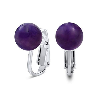 Classic Genuine Birthstone Ball Clip On Earrings .925 Sterling Silver 8MM - color: Purple