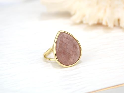 Crystal Ring for Women, Natural Rose Quartz Green Fluorite Ring for Her, Teardrop Shape Gemstone Ring, Handmade rose quartz Jewelry Adjustable Ring. - color: Red Strawberry Quartz