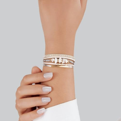 Boho Gemstone Beaded Leather Wrap Bracelets Stackable Chunky Cuff Bracelet Western Jewelry Cowboy Chic Country Concert Outfits for Women - color: White