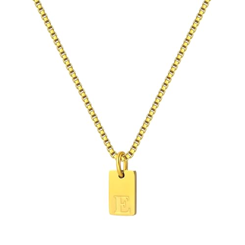 Gold Plated Square Initial Necklace Waterproof A-Z Letter Pendant on Thin Chain - Dainty, Stackable Jewelry for Women - color: Golden-E, size: F