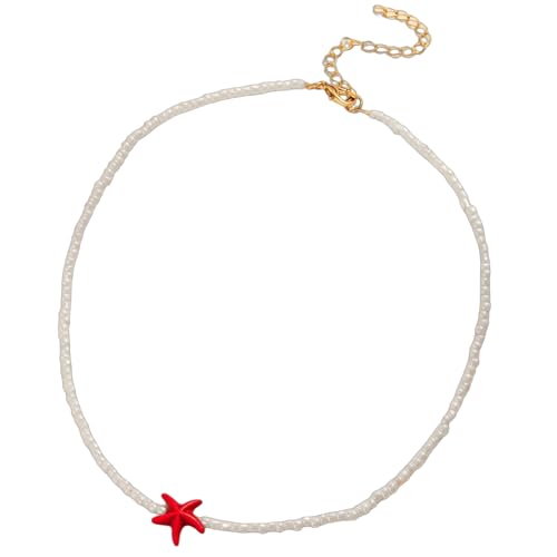 Seed Bead Choker Necklace for Women Bohemian Tiny Beads Choker Colorful Rice Bead Starfish Choker Summer Surfer Beach Necklace Jewelry Gift - color: J-Red Starfish