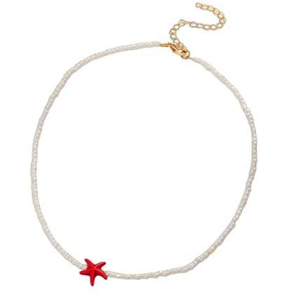 Seed Bead Choker Necklace for Women Bohemian Tiny Beads Choker Colorful Rice Bead Starfish Choker Summer Surfer Beach Necklace Jewelry Gift - color: J-Red Starfish