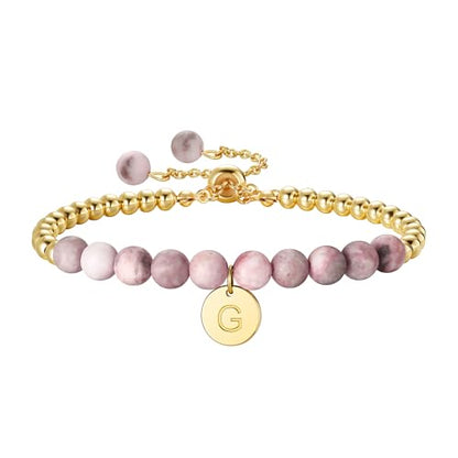 Ritach Initial Bracelets for Girls Kids - Pink Zebra Natural Stone Disc/Heart Initial Bracelet Adjustable Gold/Silver Beaded Bracelets for Girls Kids Teen Girl Jewelry Birthday Gifts - color: G-Gold