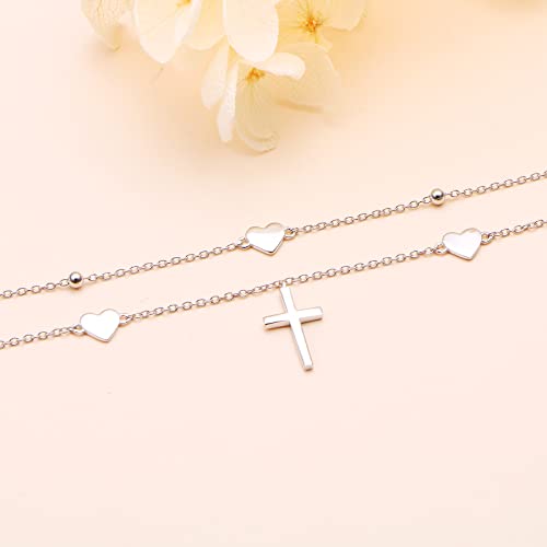Anklet for Women 925 Sterling Silver Foot Adjustable Ankle Bracelet Jewelry - style: Heart Cross