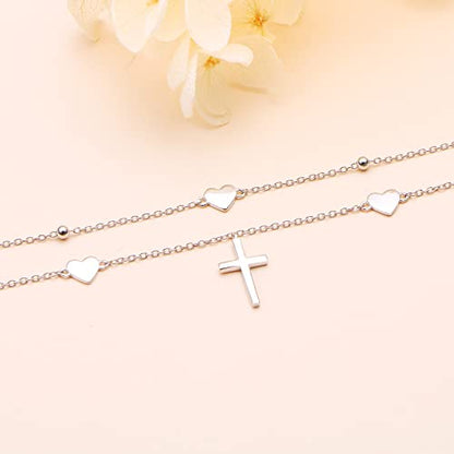 Anklet for Women 925 Sterling Silver Foot Adjustable Ankle Bracelet Jewelry - style: Heart Cross