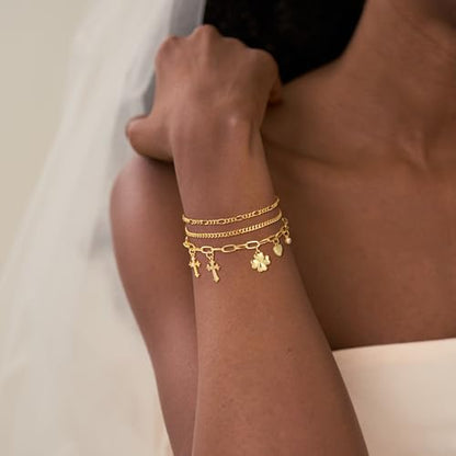 3PCS Charm Gold Bracelets for Women Non Tarnish,14k Plated Gold Bracelet Stack Cute Dainty Stackable Trendy Bow Cross Clover Bracelets Set Tarnish Free Gold Jewelry for Women Gifts - color: Cross-Gold