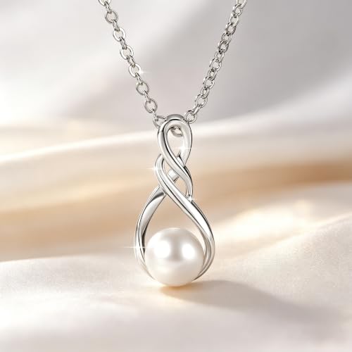 Freshwater Pearl Necklace for Women | 14K Gold Plated Infinity Pendant Fine Jewelry | Dainty Everyday Layering Chain with Lobster Clasp - color: Silver Dainty