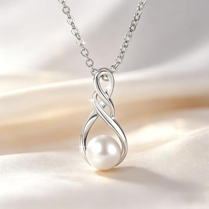 Freshwater Pearl Necklace for Women | 14K Gold Plated Infinity Pendant Fine Jewelry | Dainty Everyday Layering Chain with Lobster Clasp - color: Silver Dainty
