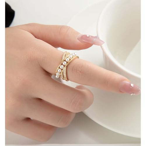 Kokoma Dainty Flower Ring for Women Sparkling Cubic Zirconia Daisy Open Statement Rings Pearl Chic Engagement Promise Ring Wrap Finger Band - color: Cross
