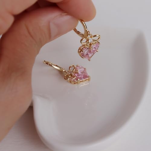 Sonateomber Gold Silver Small Hoop Dangle Earrings for Women, Trendy Dainty Rhinestone CZ Dangling Prom Wedding Leaf Flower Snowflake Butterfly Starfish Fashion Jewelry Gift - color: Pink Heart
