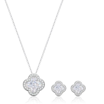 14K Gold Plated | 14K Platinum Plated Necklace for Women Necklace Earrings Set with Sparkling Zircon Inlay and Silver Post Earrings - color: Simple smooth clover flower set silver