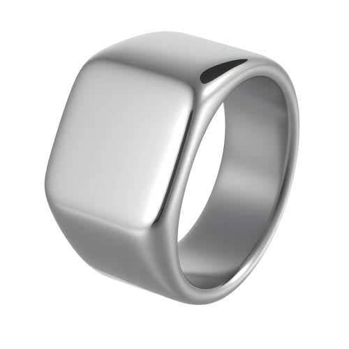 Mens Stainless Steel Plain Signet Rings 4/7/10/14MM Rectangular Pinky Rings | High Polish Classic Blank Thumb Rings, Everyday Comfit Wear, Gift for Men - color: Silver14