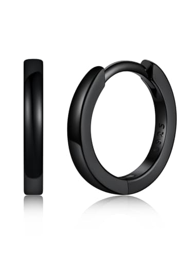 925 Sterling Silver Huggie Hoop Earrings, Small Silver Hoop Earrings for Women Hypoallergenic Huggie Lightweight Small Hoops Earring Cartilage Sleeper Earrings 6/8/10/12/14/16/18/20mm - color: Black, size: 10MM