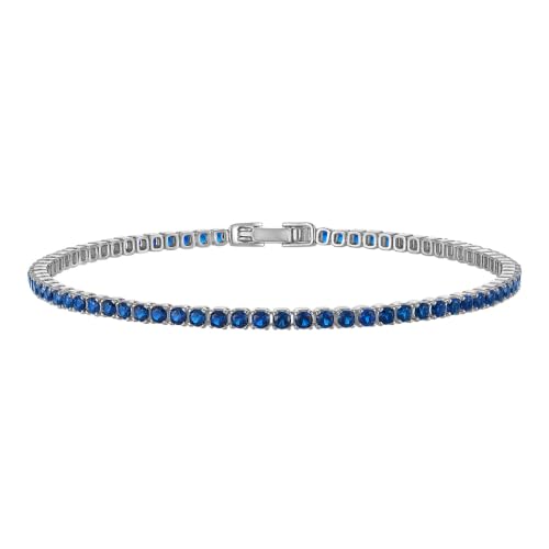 Tennis Bracelets for Women 2mm Dainty 14K Gold Plated CZ | 5A cubic zirconia, 4 prong sparkle, birthstone colors, 6.5-7.5 inches, fold over clasp, tarnish resistant, waterproof - color: Sapphire Blue